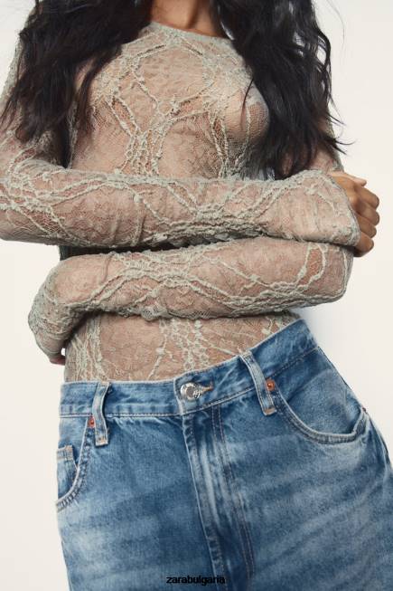 Zara облекло 66FT269 Жени дантелено боди светло каки