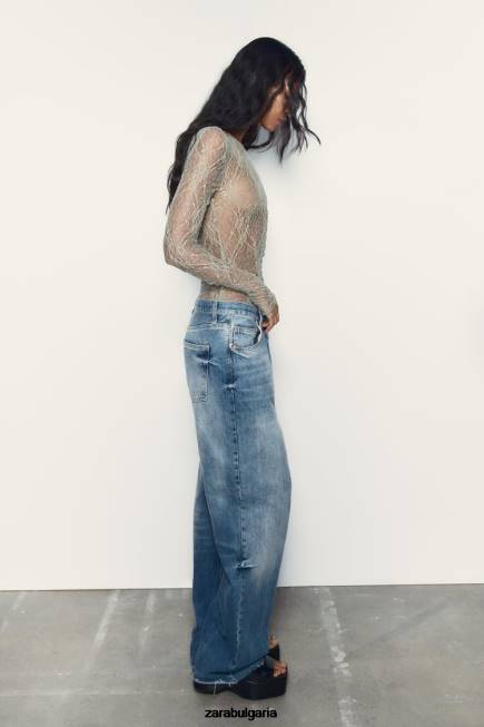 Zara облекло 66FT269 Жени дантелено боди светло каки