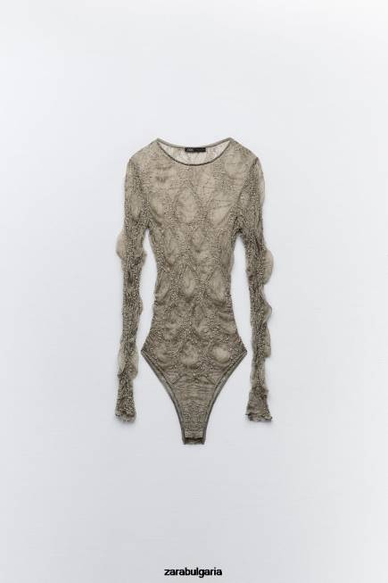 Zara облекло 66FT269 Жени дантелено боди светло каки