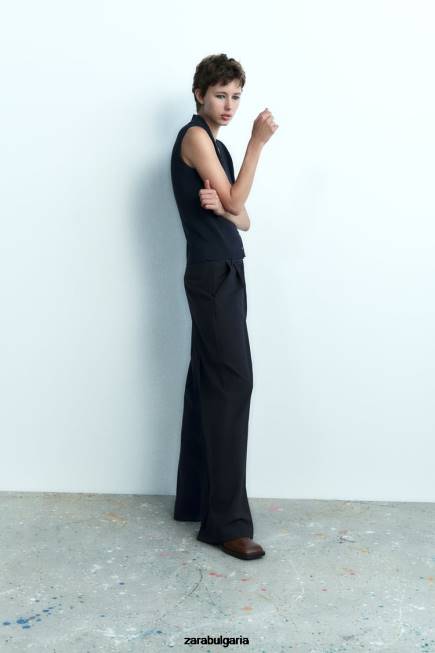 Zara облекло 66FT278 Жени плетена горна част с v-образно деколте тъмносин