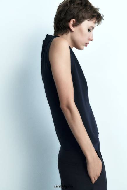 Zara облекло 66FT278 Жени плетена горна част с v-образно деколте тъмносин