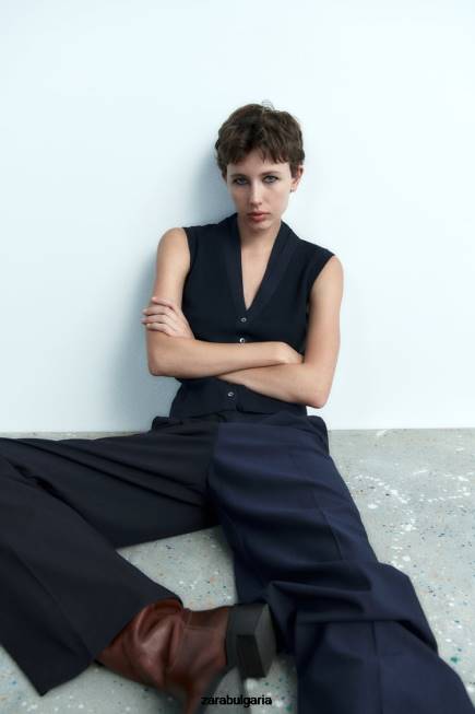 Zara облекло 66FT278 Жени плетена горна част с v-образно деколте тъмносин