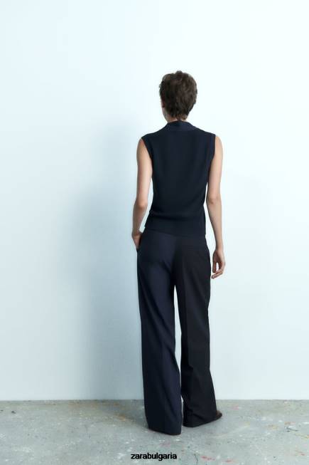 Zara облекло 66FT278 Жени плетена горна част с v-образно деколте тъмносин