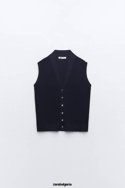 Zara облекло 66FT278 Жени плетена горна част с v-образно деколте тъмносин