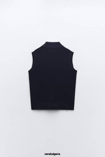 Zara облекло 66FT278 Жени плетена горна част с v-образно деколте тъмносин