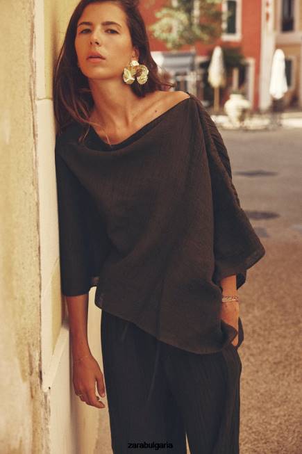 Zara облекло 66FT280 Жени асиметрична горна част от смесен лен тъмно кафяво