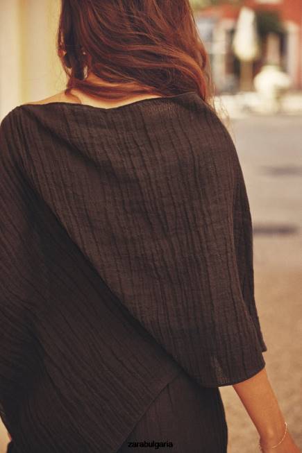 Zara облекло 66FT280 Жени асиметрична горна част от смесен лен тъмно кафяво