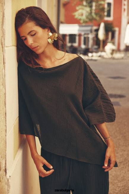 Zara облекло 66FT280 Жени асиметрична горна част от смесен лен тъмно кафяво