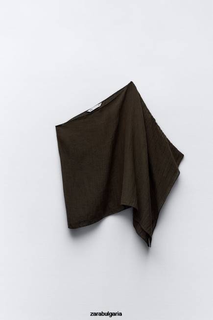 Zara облекло 66FT280 Жени асиметрична горна част от смесен лен тъмно кафяво