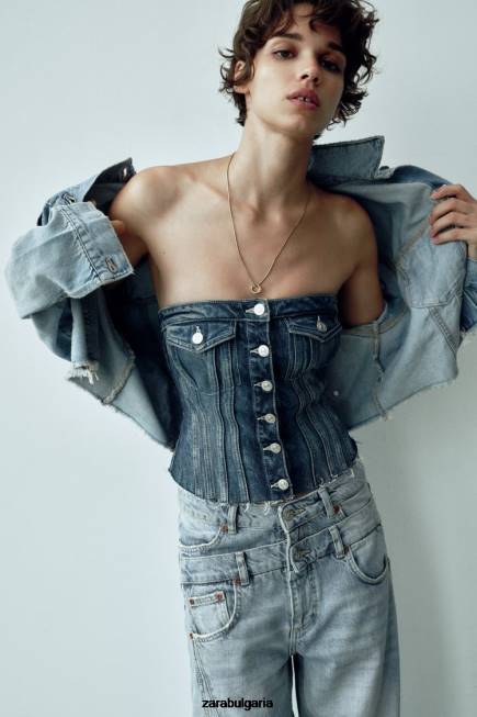 Zara облекло 66FT281 Жени деним trf корсет горнище син