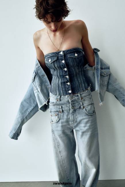 Zara облекло 66FT281 Жени деним trf корсет горнище син