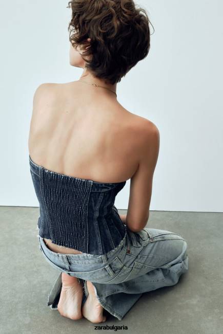 Zara облекло 66FT281 Жени деним trf корсет горнище син