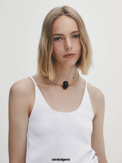 Zara облекло 66FT851 Жени рипсено горнище с тънки презрамки бяла стрида