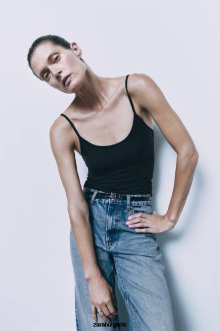 Zara облекло 66FT876 Жени еластична горна част с презрамка за спагети черен