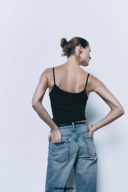 Zara облекло 66FT876 Жени еластична горна част с презрамка за спагети черен