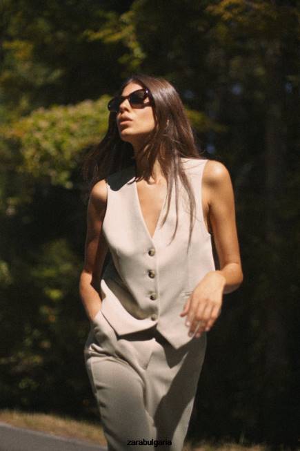 Zara облекло 66FT191 Жени смесена жилетка на ивици тъмнокафяво