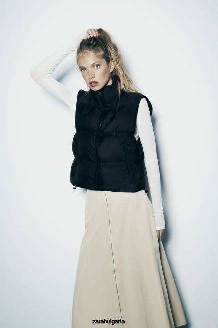 Zara облекло 66FT192 Жени капитонирана жилетка с водо- и вятърна защита черен