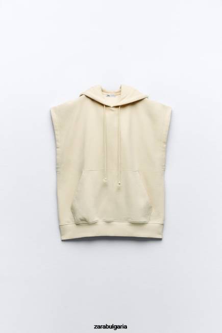 Zara облекло 66FT195 Жени плюшена огромна жилетка с качулка екрю