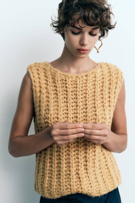 Zara облекло 66FT196 Жени съкратена плетена жилетка горчица