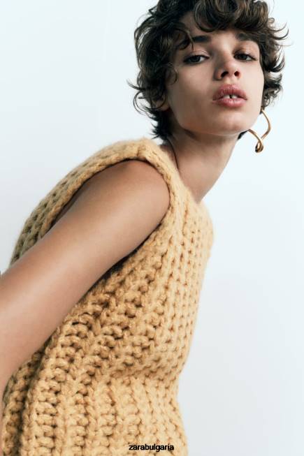 Zara облекло 66FT196 Жени съкратена плетена жилетка горчица