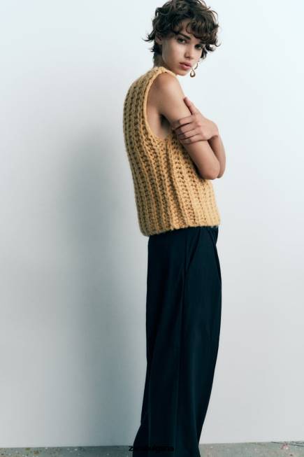 Zara облекло 66FT196 Жени съкратена плетена жилетка горчица