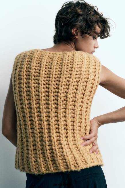 Zara облекло 66FT196 Жени съкратена плетена жилетка горчица
