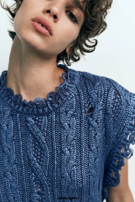 Zara облекло 66FT197 Жени кабелна плетена метална жилетка индиго