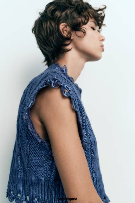 Zara облекло 66FT197 Жени кабелна плетена метална жилетка индиго