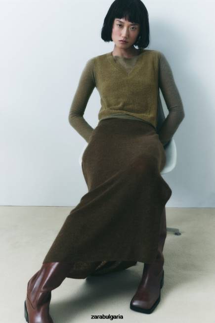 Zara облекло 66FT203 Жени съкратена плетена жилетка маслинено зелено