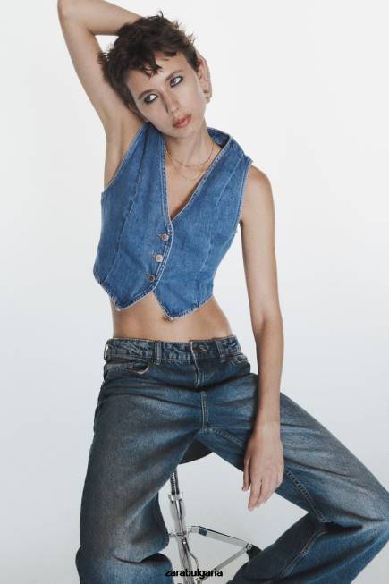 Zara облекло 66FT204 Жени z1975 съкратена дънкова жилетка средно синьо