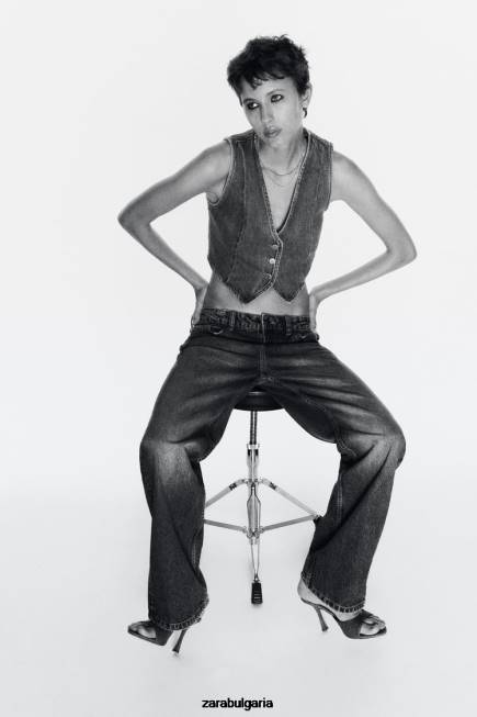 Zara облекло 66FT204 Жени z1975 съкратена дънкова жилетка средно синьо