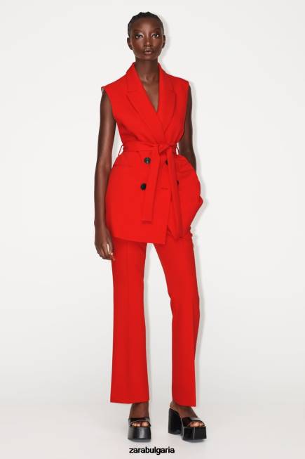 Zara облекло 66FT209 Жени дълга двуредна жилетка с колан червен