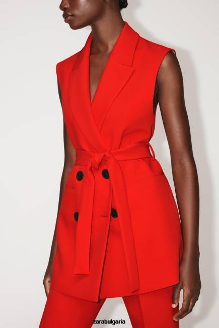 Zara облекло 66FT209 Жени дълга двуредна жилетка с колан червен