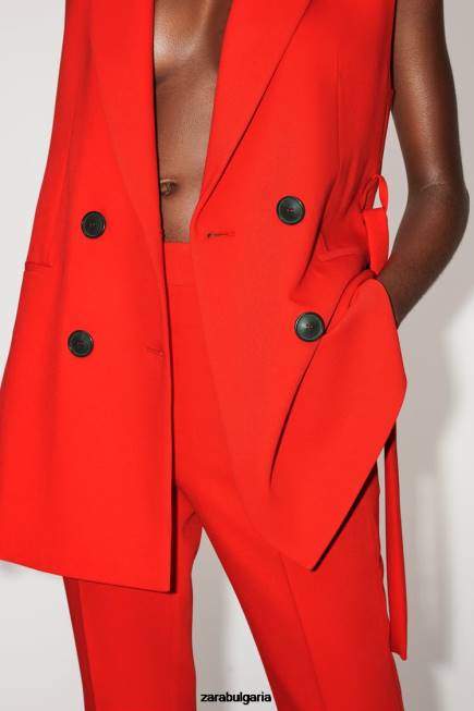 Zara облекло 66FT209 Жени дълга двуредна жилетка с колан червен