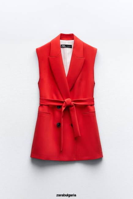 Zara облекло 66FT209 Жени дълга двуредна жилетка с колан червен
