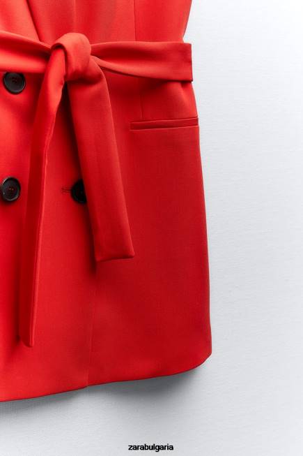 Zara облекло 66FT209 Жени дълга двуредна жилетка с колан червен