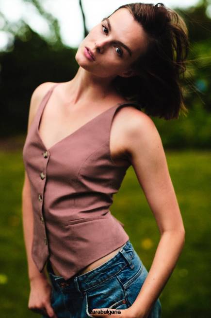 Zara облекло 66FT211 Жени жилетка от ленена смес марсала