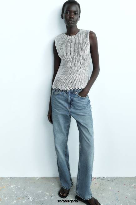 Zara облекло 66FT213 Жени метална плетена жилетка сребро