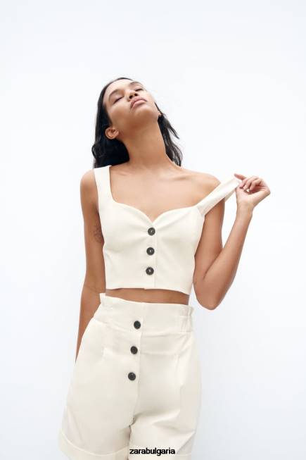 Zara облекло 66FT220 Жени изрязана жилетка с деколте със сърце бяло