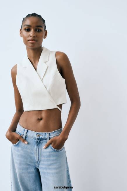 Zara облекло 66FT221 Жени жилетка от ленена смес бяла стрида