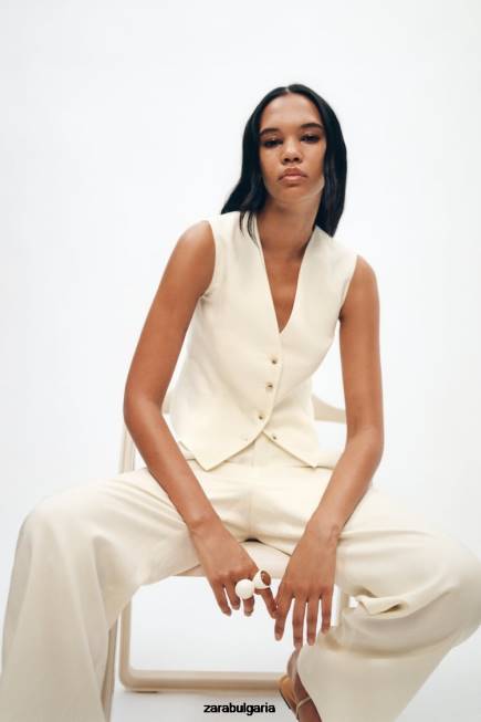 Zara облекло 66FT224 Жени жилетка от ленена смес ванилия