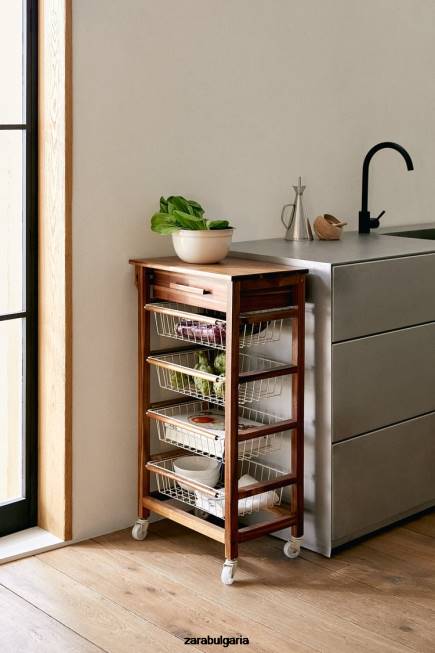 Zara аксесоари 66FT1680 унисекс дървени и метални мебели за съхранение с колела светло бежово