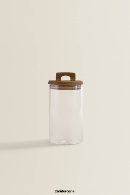 Zara аксесоари 66FT1685 унисекс буркан за съхранение от боросиликатно стъкло и дърво светло бежово