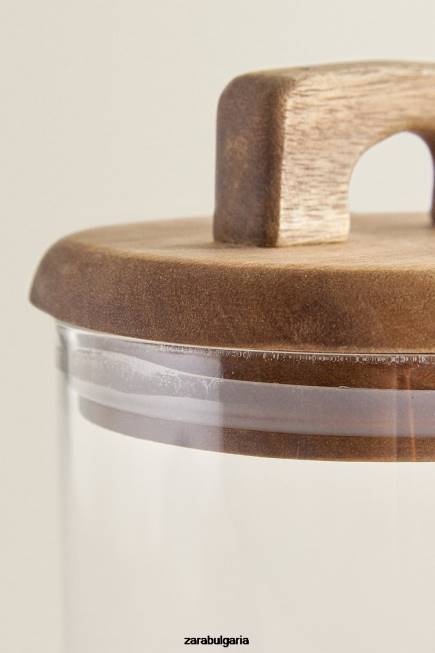 Zara аксесоари 66FT1685 унисекс буркан за съхранение от боросиликатно стъкло и дърво светло бежово