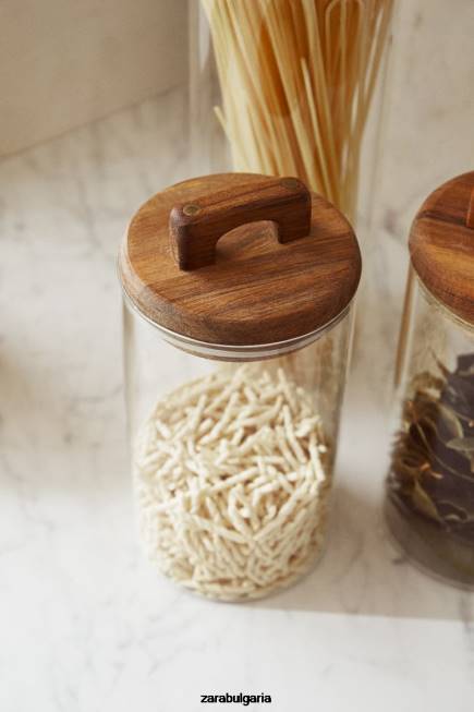 Zara аксесоари 66FT1685 унисекс буркан за съхранение от боросиликатно стъкло и дърво светло бежово