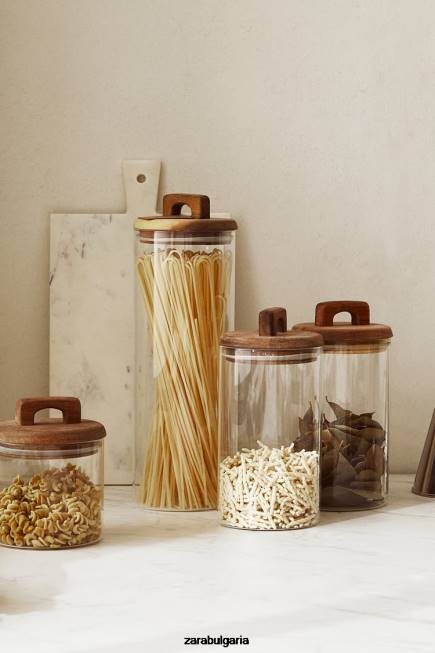 Zara аксесоари 66FT1685 унисекс буркан за съхранение от боросиликатно стъкло и дърво светло бежово