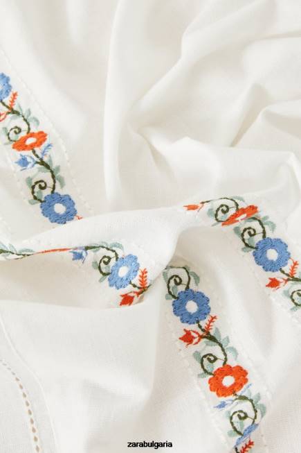 Zara аксесоари 66FT1662 унисекс бродирана памучна покривка бяло