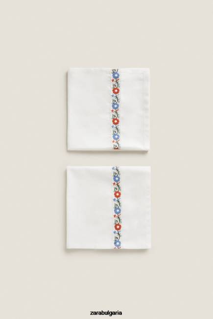 Zara аксесоари 66FT1663 унисекс бродирани памучни салфетки (пакет от 2) бяло