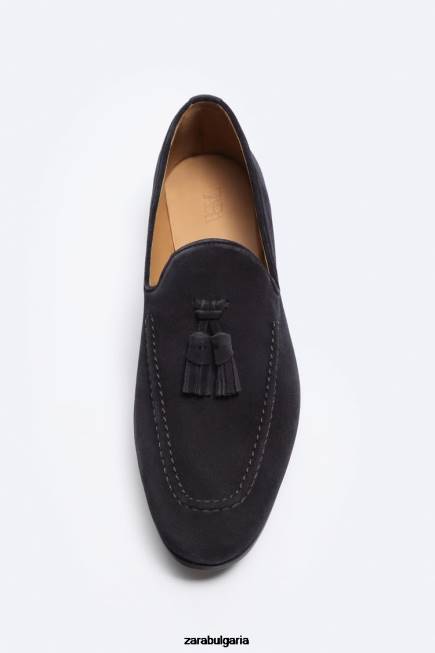 Zara обувки 66FT1275 мъже велурени мокасини с пискюли син