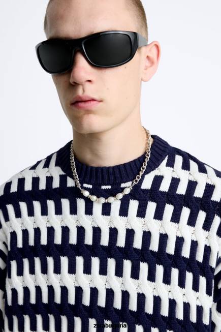 Zara облекло 66FT1028 мъже текстуриран жакардов пуловер тъмносин